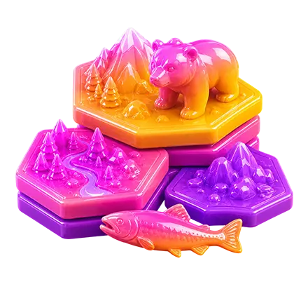 Cascadia hex habitat tiles with bear and salmon tokens