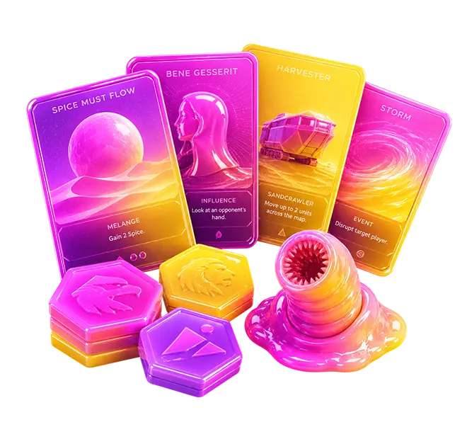 Dune: Imperium spice cards, influence tokens and a sandworm piece